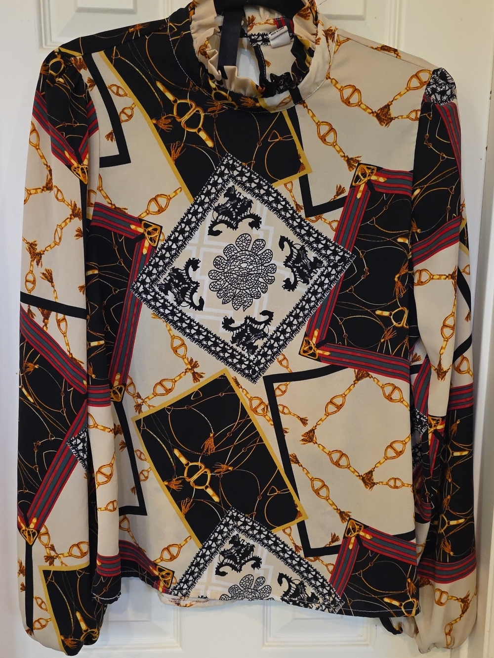 High-Neck Chain-Print Blouse - Black & Cream